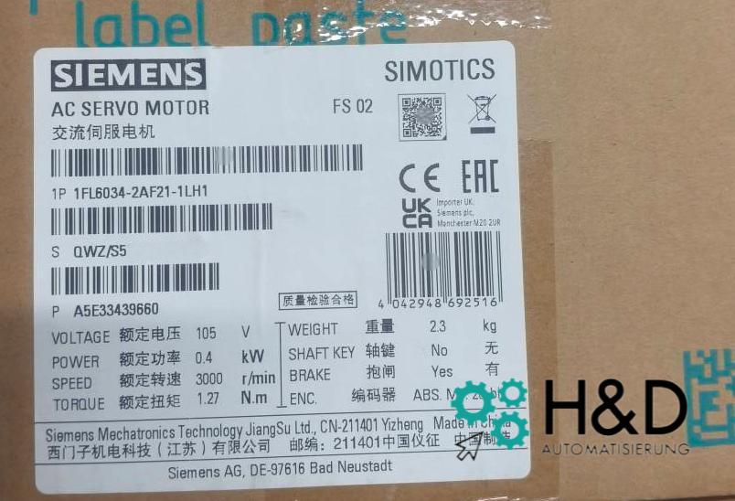Электродвигатель Siemens SIMOTICS 1FL6 1FL6034-2AF21-1LH1 | 0,4 кВт, 3000 об/мин, IP65, тормоз удержания, совместим с SINAMICS V90
