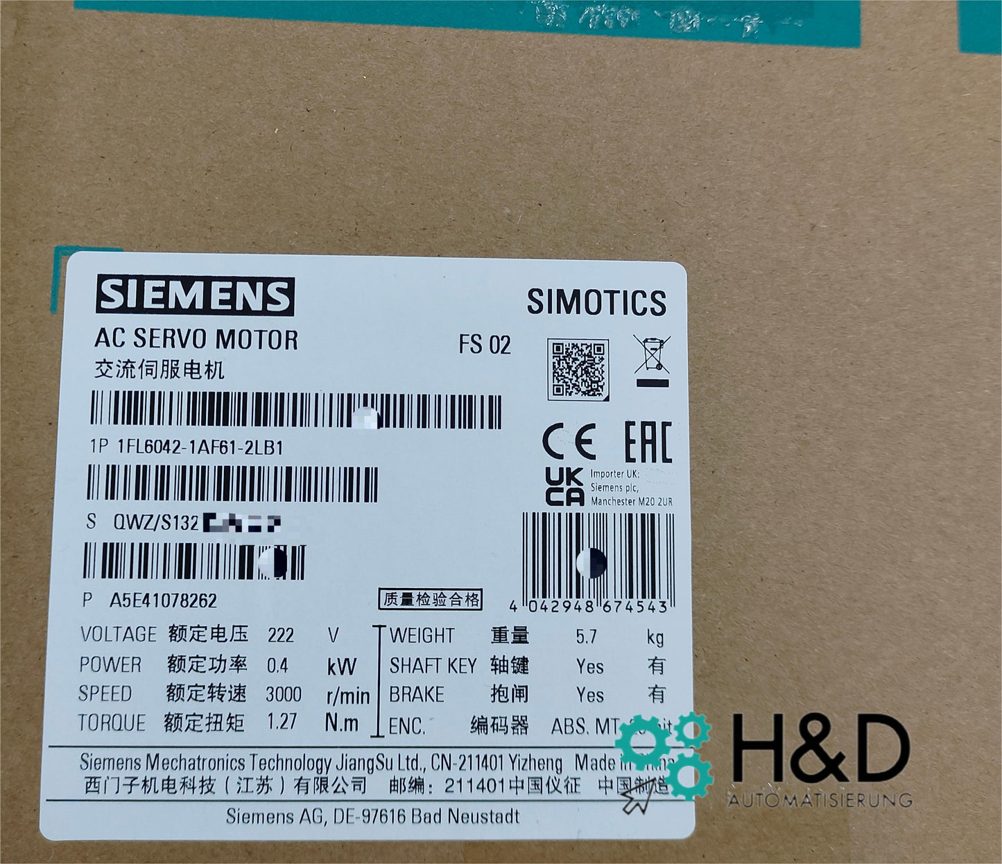 Siemens SIMOTICS S-1FL6 (1FL6042-1AF61-2LB1) – синхронный сервомотор с абсолютным энкодером, тормозом удержания