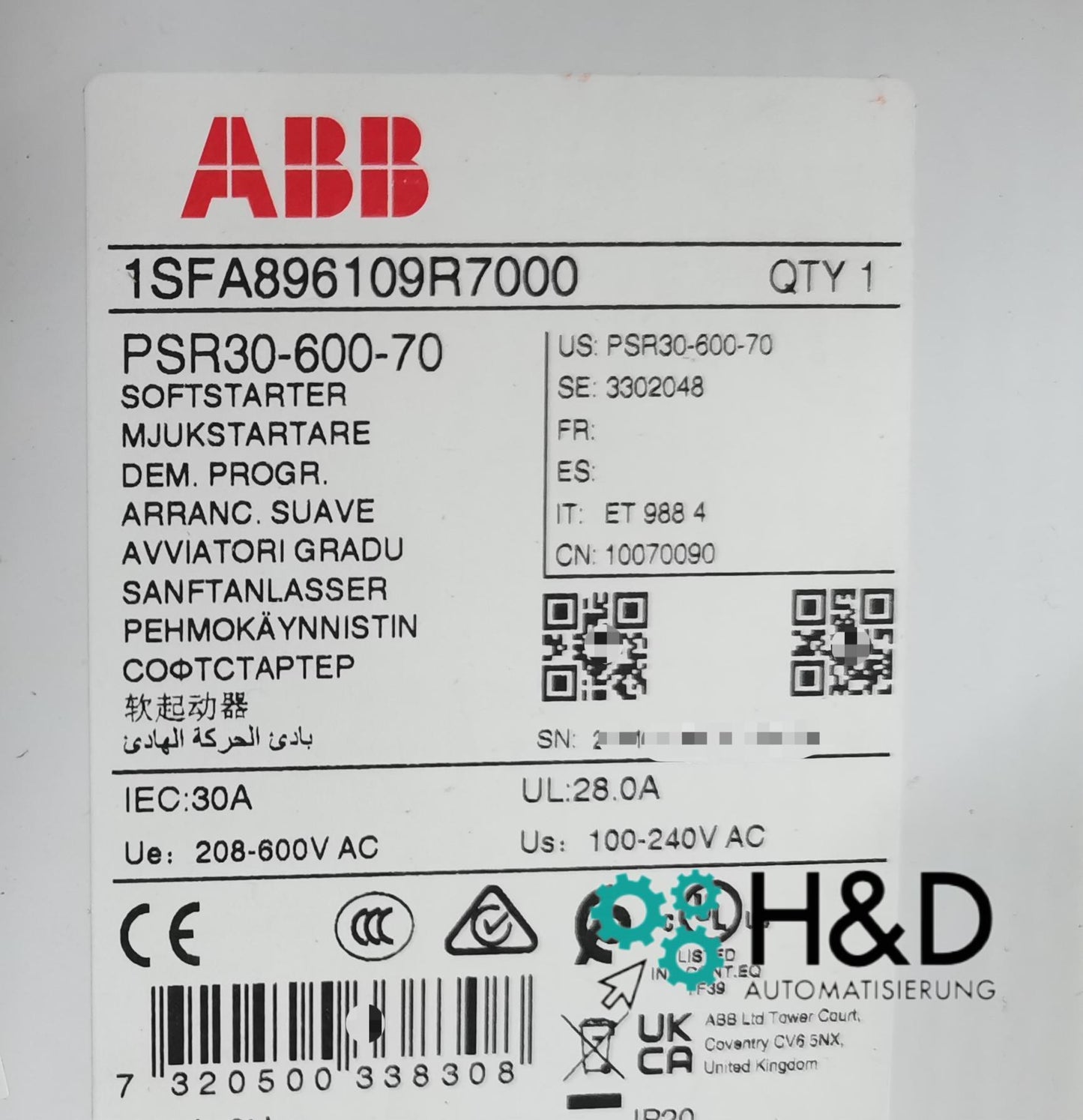 ABB 1SFA896109R7000 – PSR30-600-70 Пускатель плавного пуска – 30 A – 208 … 600 V AC – Новый и запечатанный