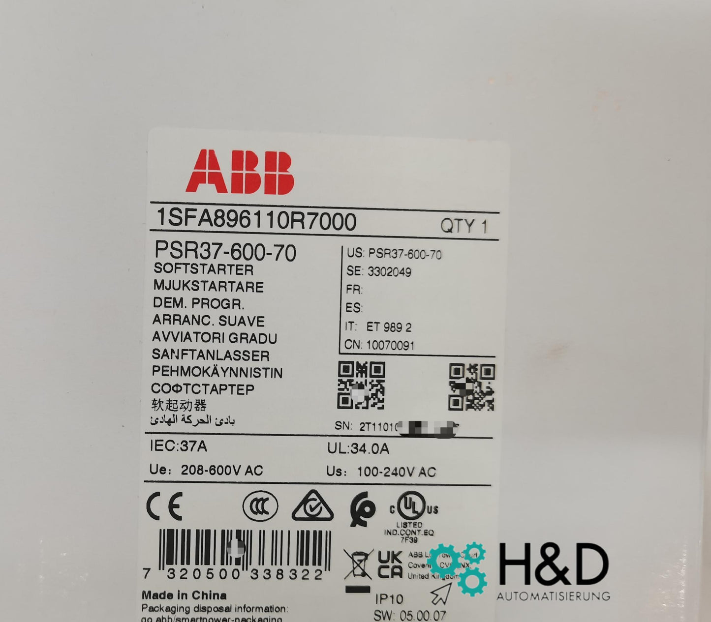 ABB 1SFA896110R7000 – PSR37-600-70 Пускатель плавного пуска – 37 A – 208 … 600 V AC – Новый и запечатанный