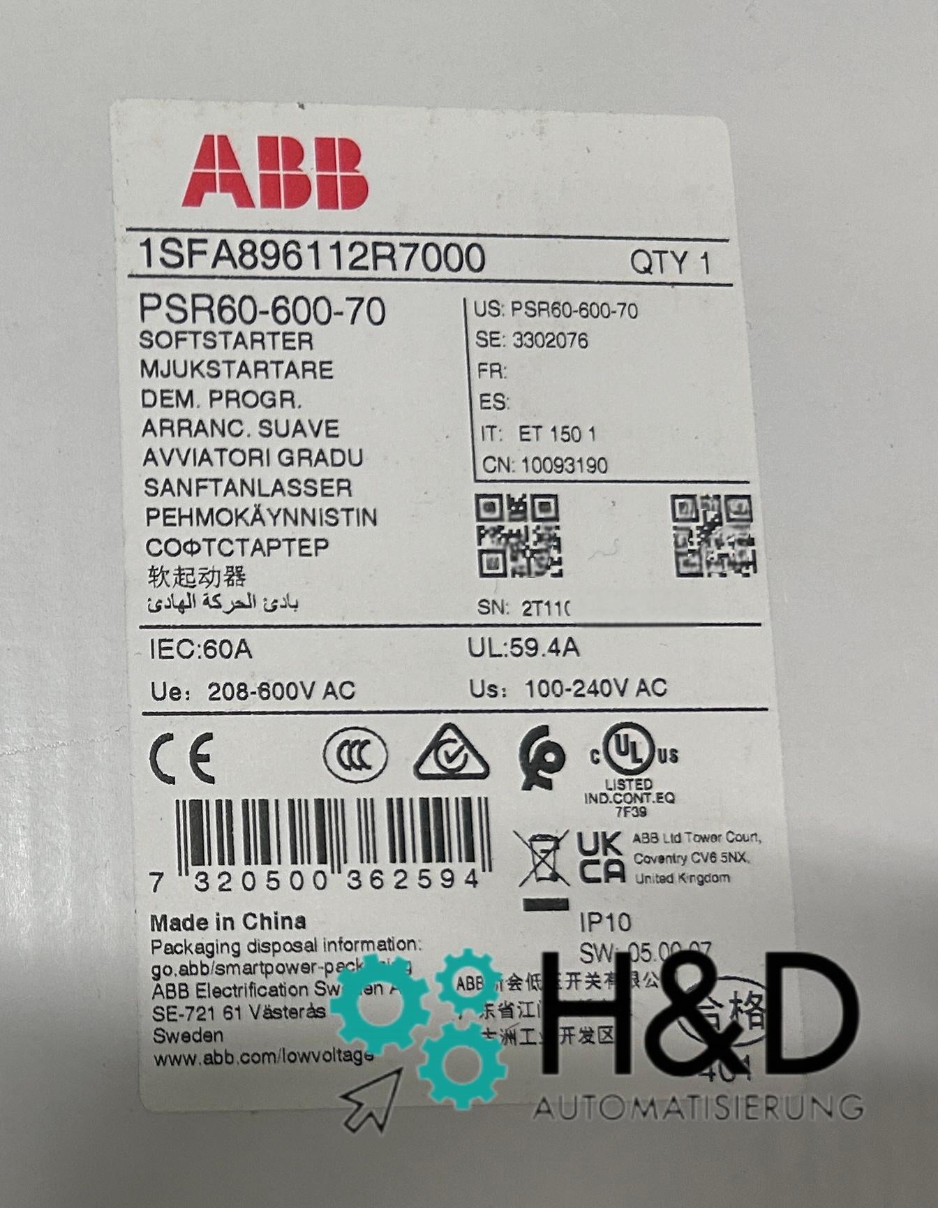 ABB 1SFA896112R7000 – PSR60-600-70 Пускатель плавного пуска – 60 A – 208 … 600 V AC – Новый и запечатанный