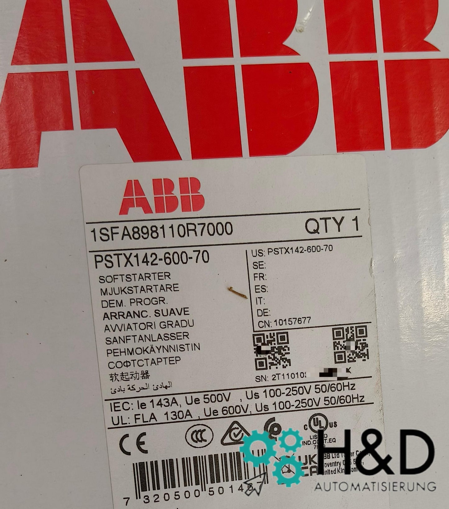 ABB 1SFA898110R7000 – PSTX142-600-70 Démarreur progressif – 142 A – 208 … 600 V AC – Neuf et scellé