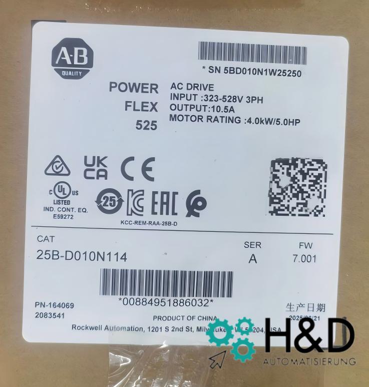 25B-D010N114 Allen-Bradley PowerFlex 525 4kW 【New and sealed】