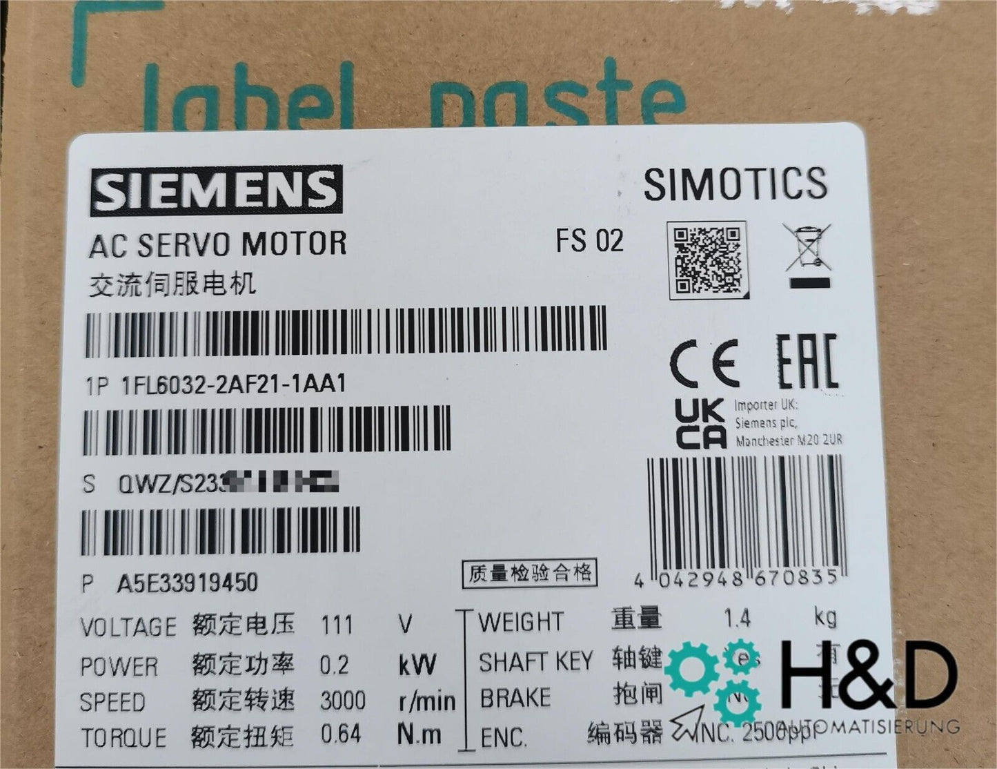 Серводвигатель Siemens SIMOTICS S-1FL6 1FL6032-2AF21-1AA1, 0,1 кВт, 3000 об/мин, IP65, новый и запечатанный