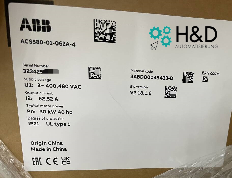 ABB ACS580-01-062A-4 – Инвертор – 30 кВт – 62 А – 380 В – IP20 – Новый и запечатанный