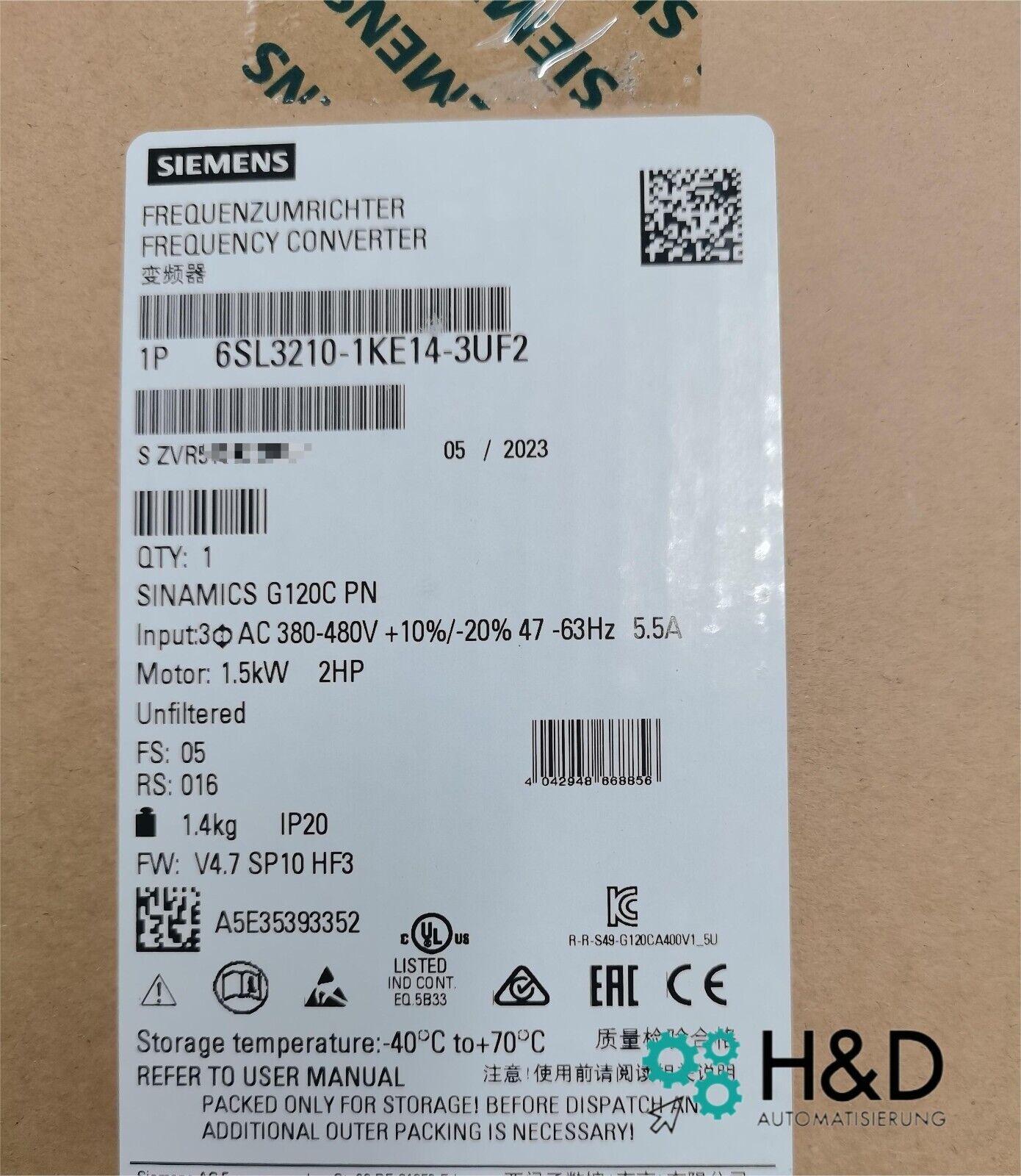 Sinamics G120C 6SL3210-1KE14-3UF2 – частотный преобразователь (1,5 кВт, 3AC 380–480 В, PROFINET, STO, IP20)