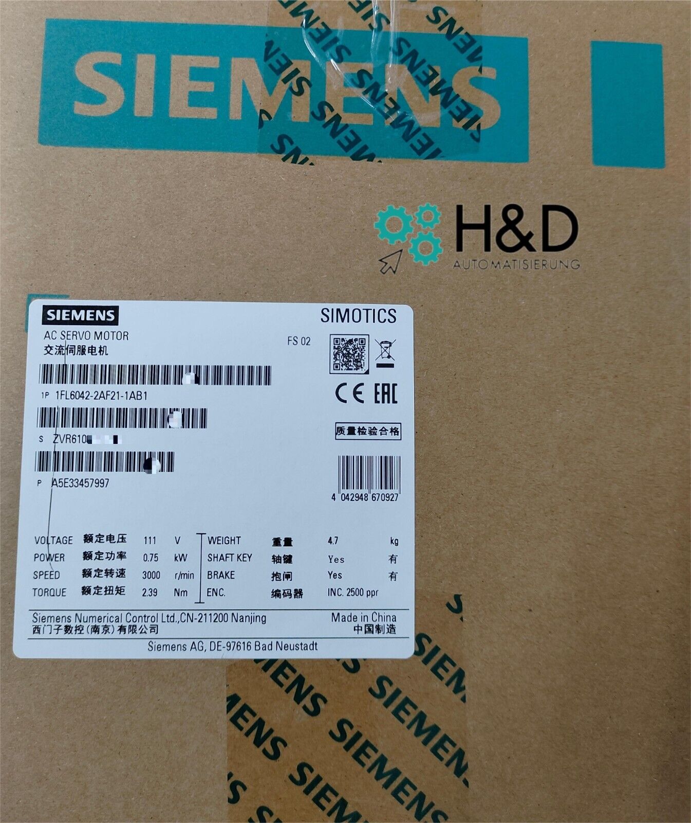 Siemens SIMOTICS S-1FL6 (1FL6042-2AF21-1AB1) – synchronous servo motor with incremental encoder, holding brake and IP65 protection