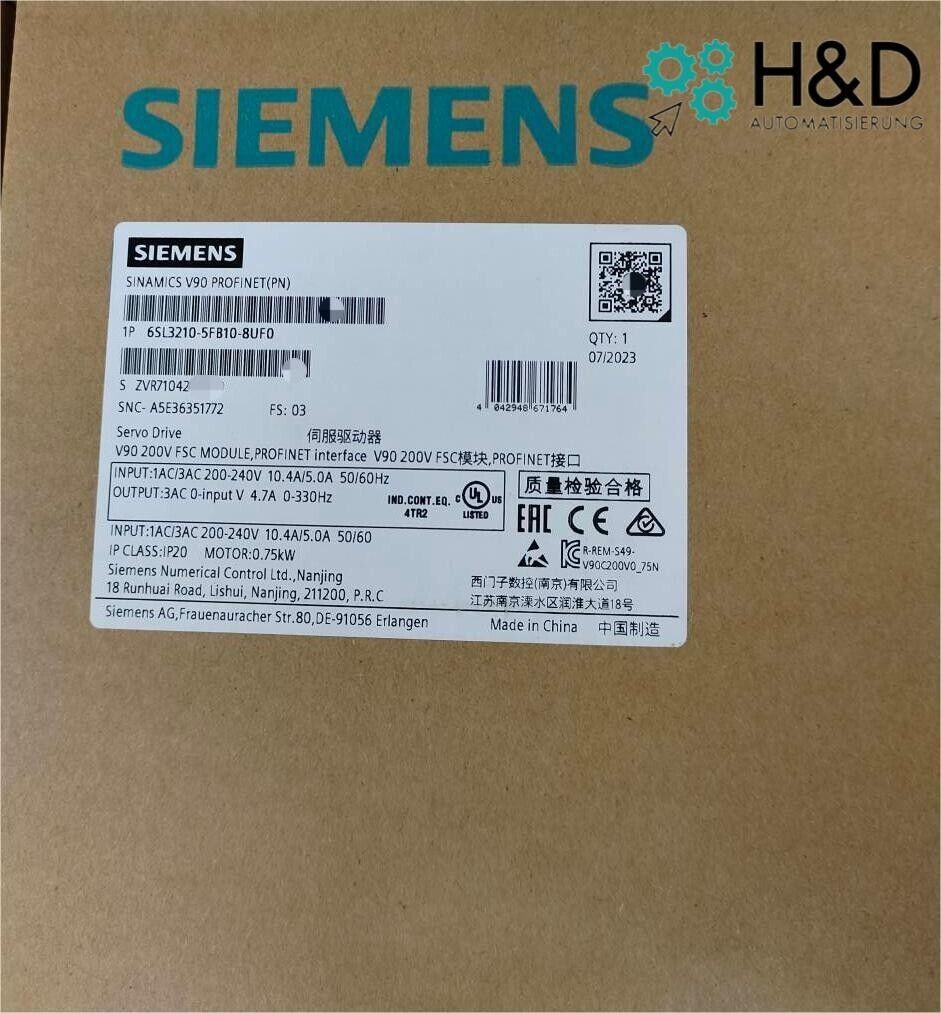 6SL3210-5FB10-8UF0 Siemens SINAMICS V90 Инвертор 0,75 кВт Новый и Запечатанный