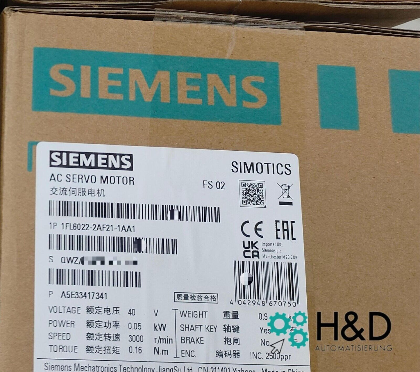 Серводвигатель Siemens SIMOTICS S-1FL6 1FL6022-2AF21-1AA1, 0,05 кВт, 3000 об/мин, IP65, Новый и Запечатанный