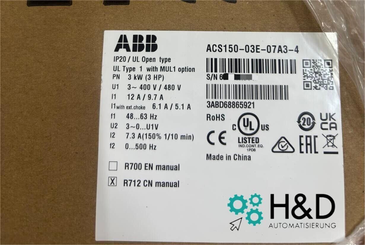ABB ACS150-03E-07A3-4 – Частотный преобразователь – Pn 3,0 кВт – I2n 7,3 A – IP20 – Новый и запечатанный