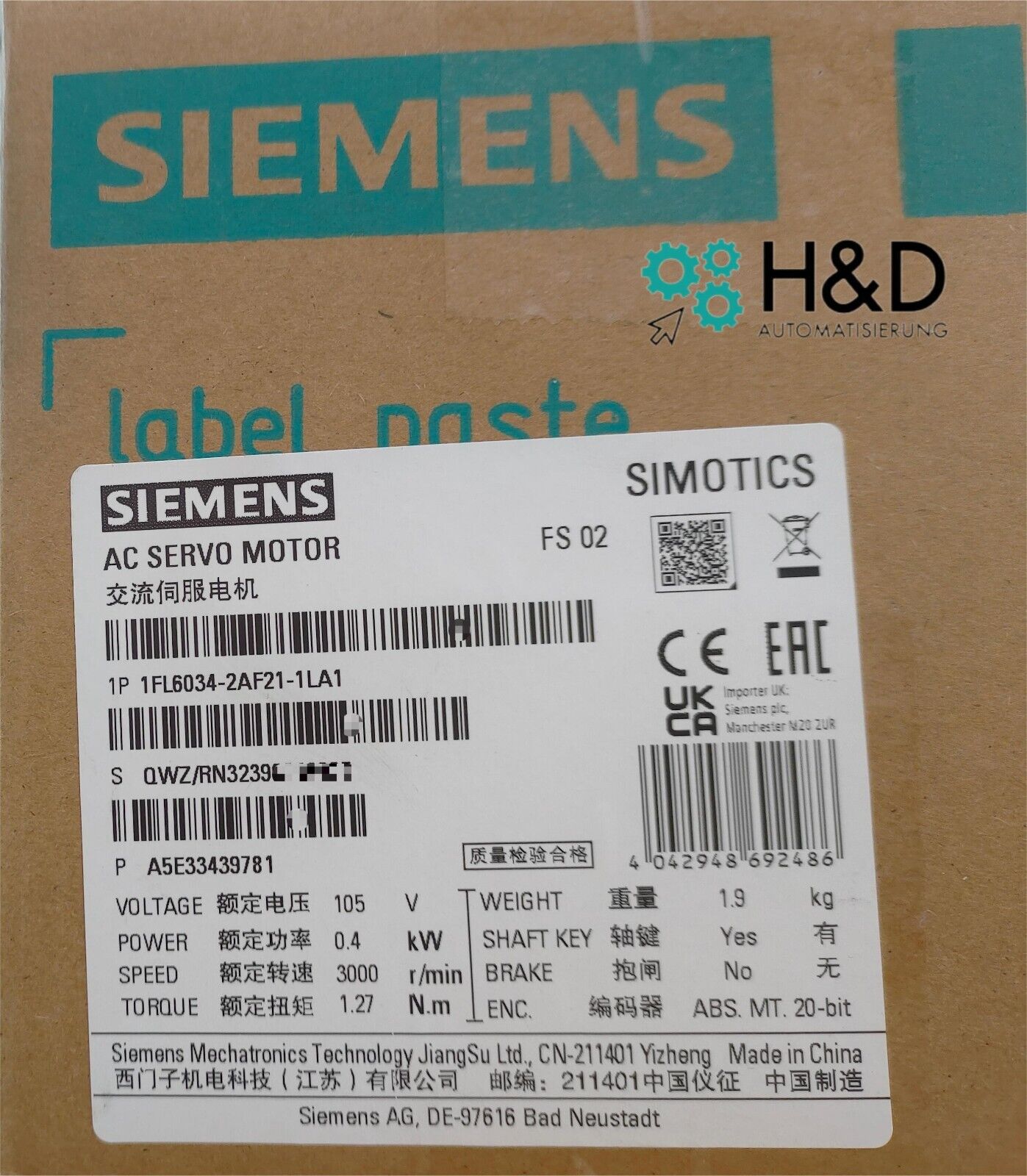 Siemens SIMOTICS S-1FL6 (1FL6034-2AF21-1LA1) – Precise synchronous servo motor with absolute value encoder