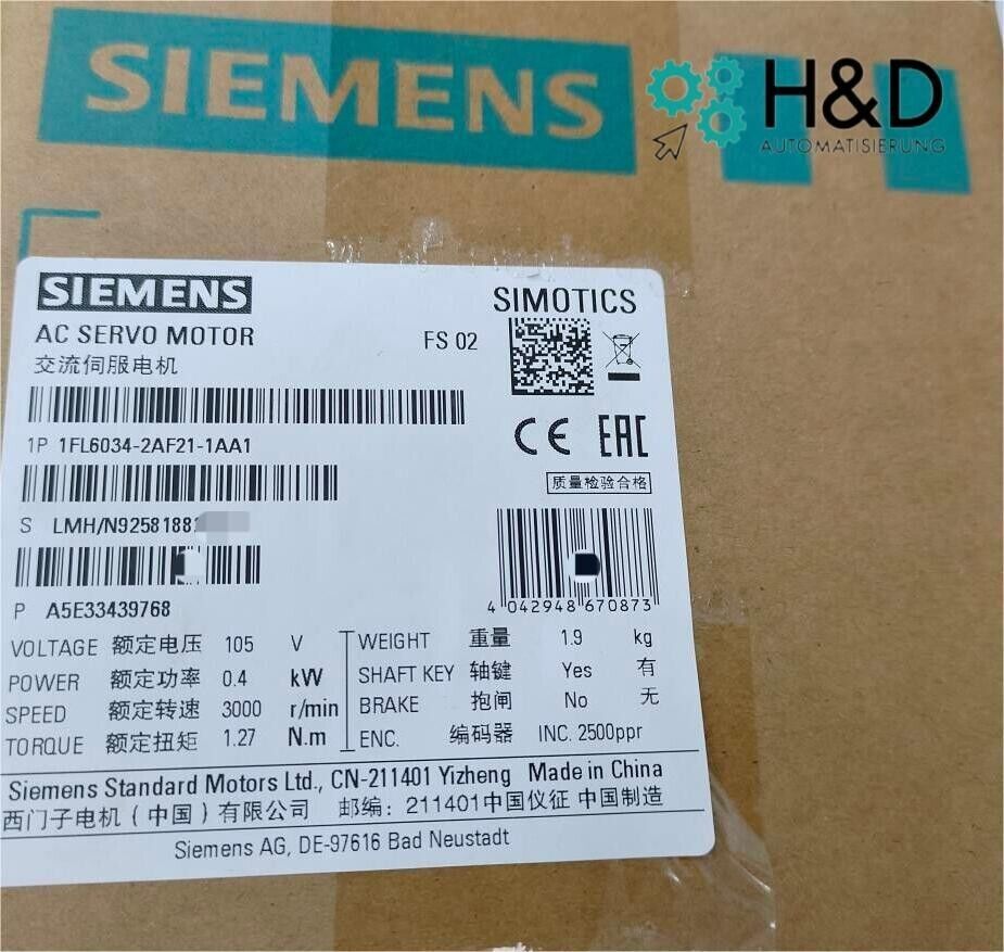 Siemens SIMOTICS S-1FL6 Serwomotor 1FL6034-2AF21-1AA1, 0,25 kW, 3000 obr./min, IP65, Nowy i Zaplombowany