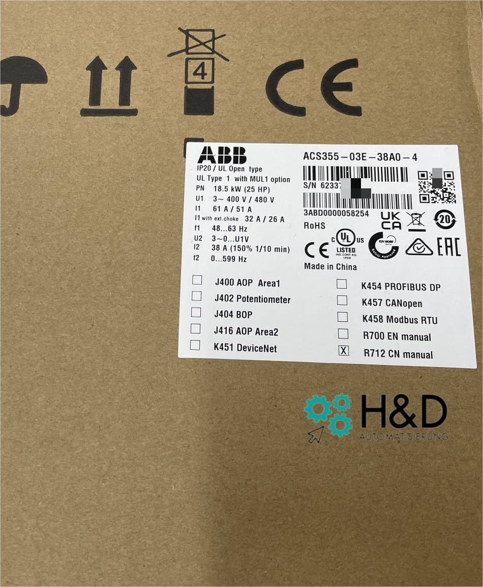 ABB ACS355-03E-38A0-4 – Инвертор – Pn 18,5 кВт – I2n 38 А – IP20 – Новый и запечатанный