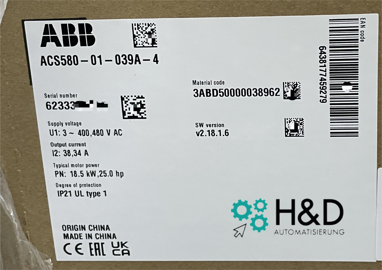 ABB ACS580-01-039A-4 – Инвертор – 18,5 кВт – 38 А – 380 В – IP20 – Новый и запечатанный