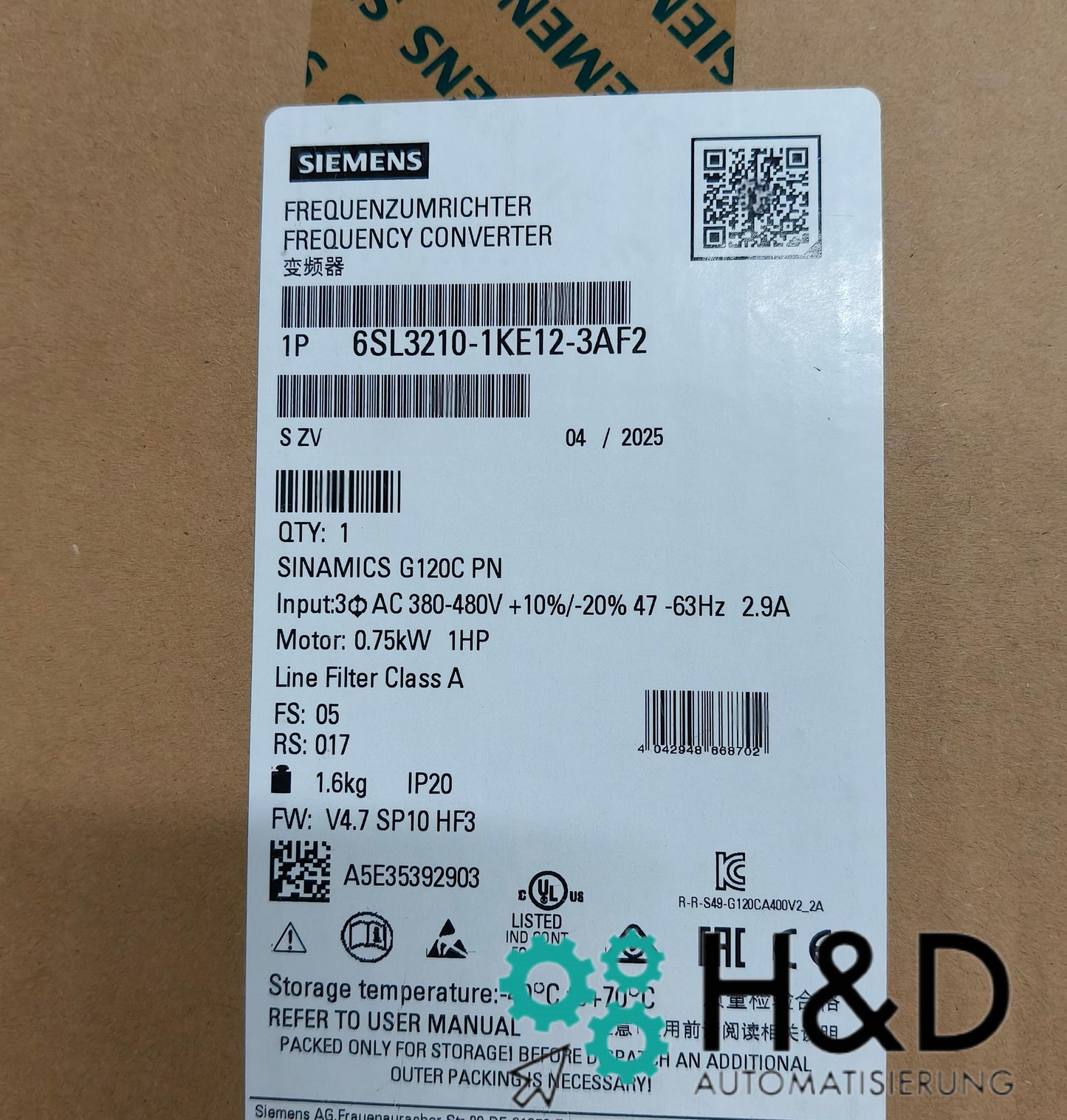 Siemens 6SL3210-1KE12-3AF2 – SINAMICS G120C частотный преобразователь, 0,75 кВт, 380-480 В, PROFINET, IP20