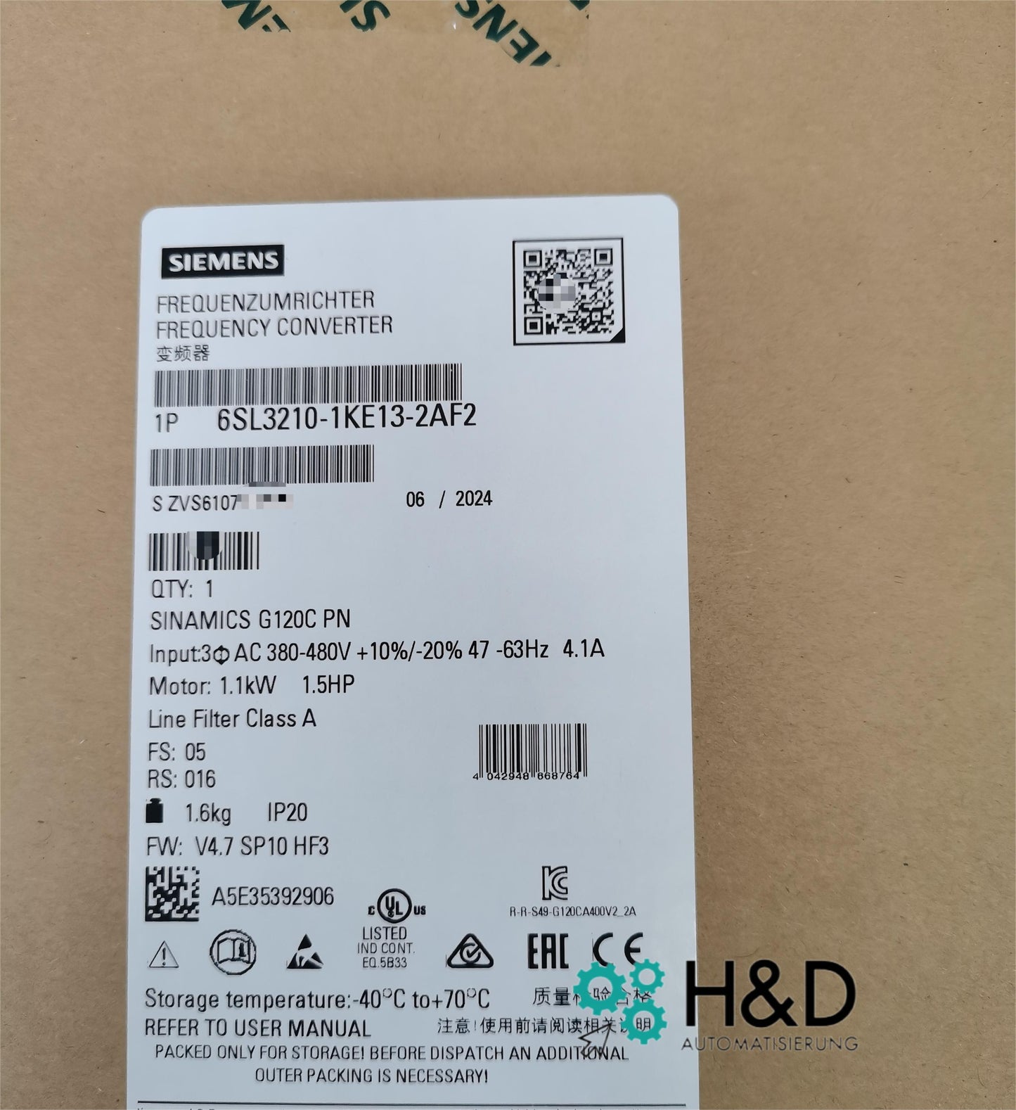Sinamics G120C 6SL3210-1KE13-2AF2 – частотный преобразователь (1,1 кВт, 3AC 380–480 В, PROFINET, STO, IP20)