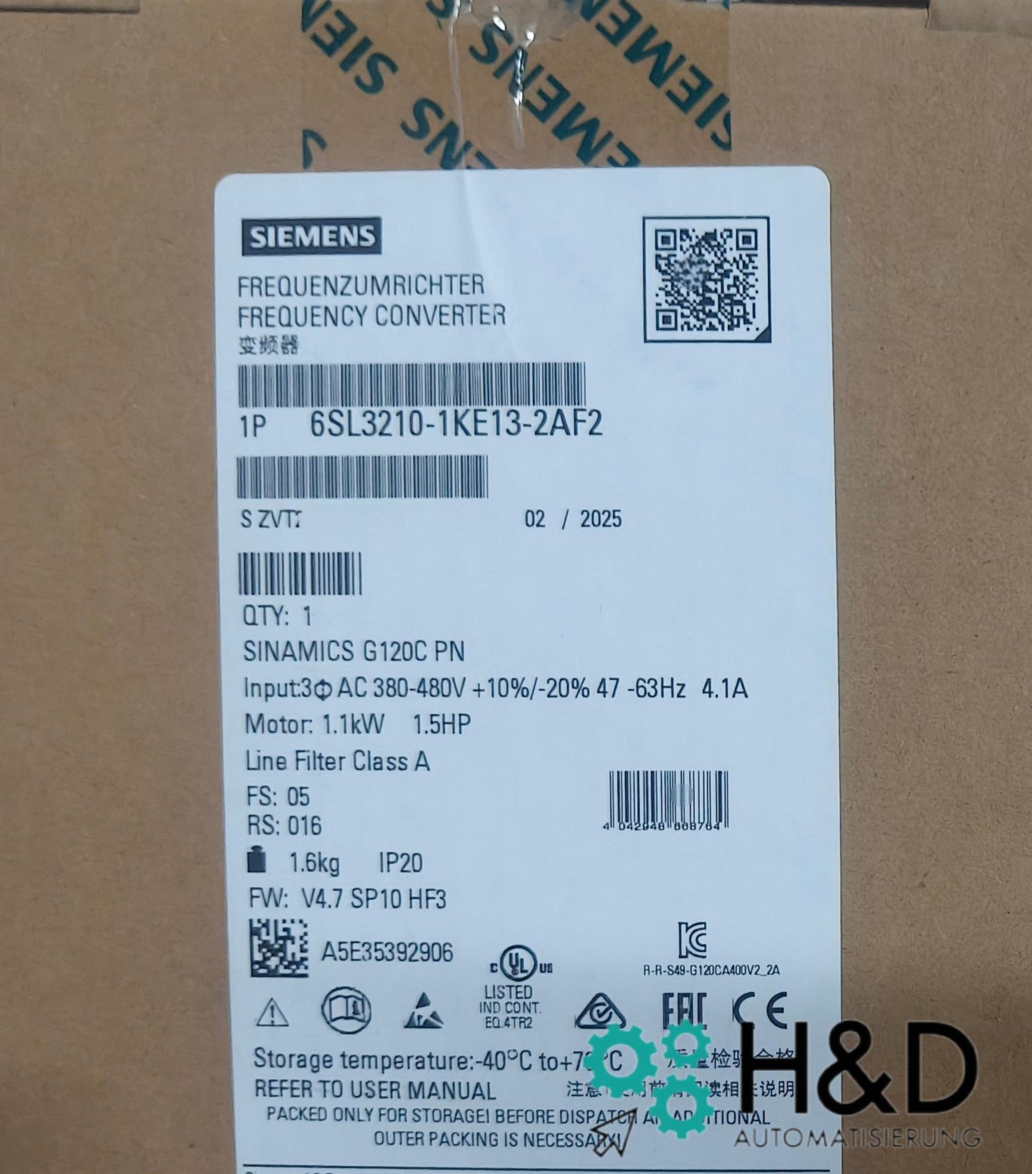 Sinamics G120C 6SL3210-1KE13-2AF2 – частотный преобразователь (1,1 кВт, 3AC 380–480 В, PROFINET, STO, IP20)