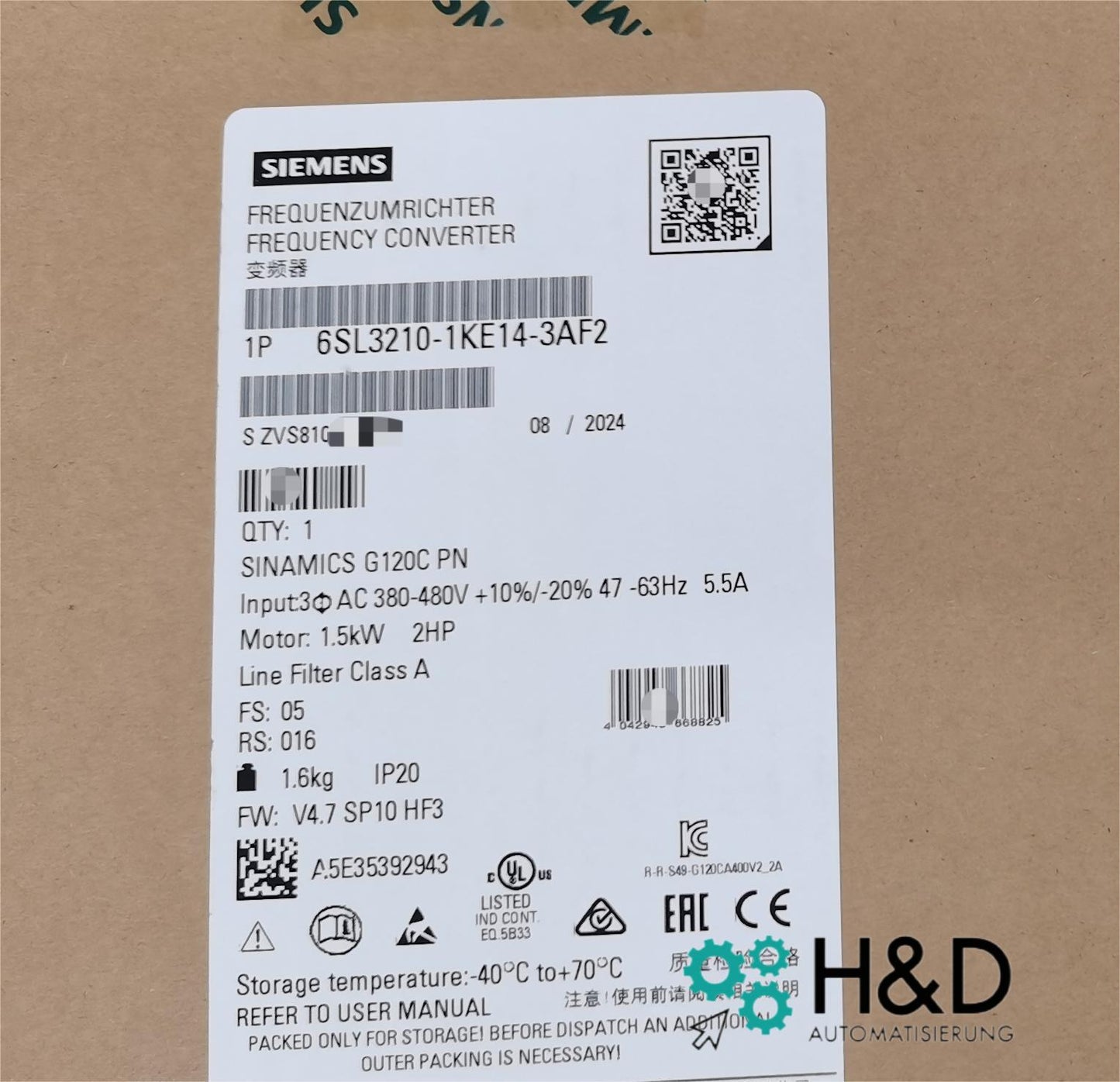 Sinamics G120C 6SL3210-1KE14-3AF2 – Frequenzumrichter (1,5 kW, 3AC 380–480 V, PROFINET, STO, IP20)