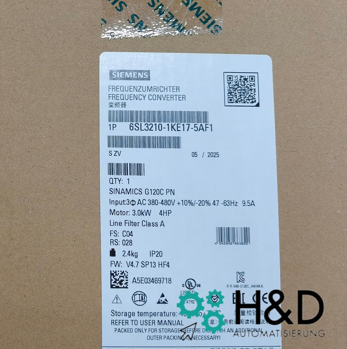 Sinamics G120C 6SL3210-1KE17-5AF1 – Inverter di frequenza (3,0 kW, 3AC 380–480 V, PROFINET, STO, IP20)