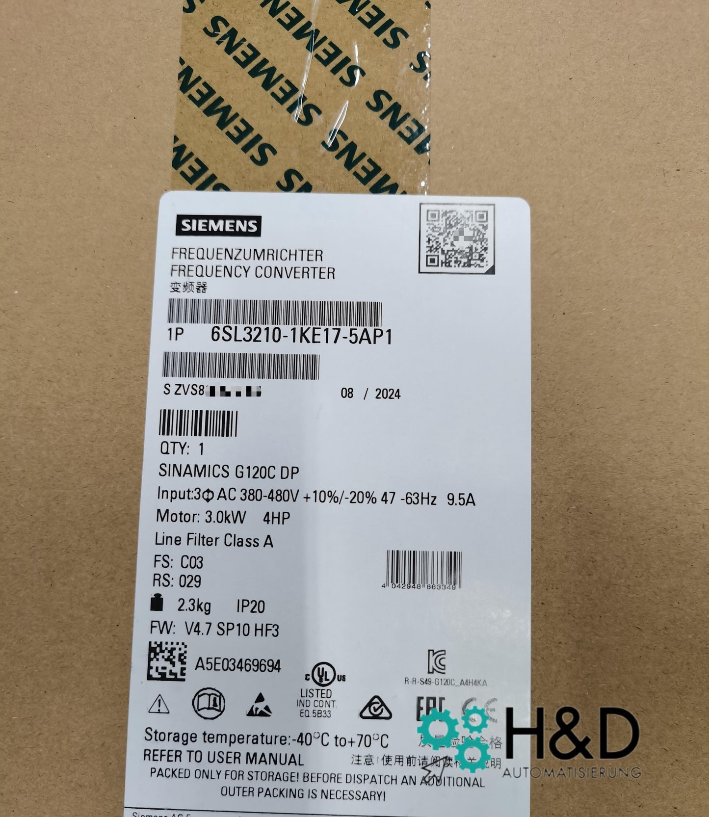 Sinamics G120C 6SL3210-1KE17-5AP1 – частотный преобразователь (3,0 кВт, 3AC 380–480 В, PROFIBUS DP, STO, IP20)