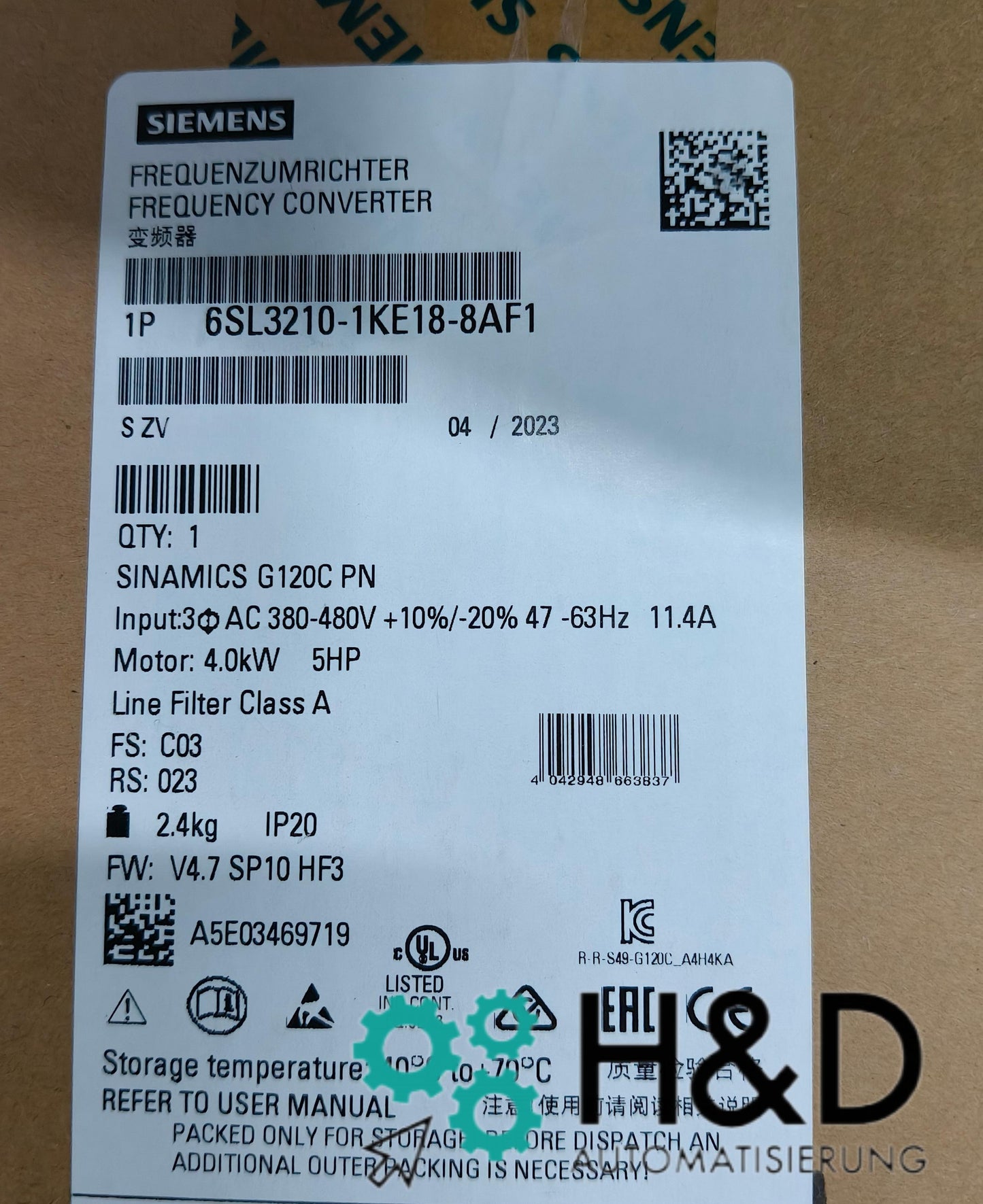 Sinamics G120C 6SL3210-1KE18-8AF1 – частотный преобразователь (4,0 кВт, 3AC 380–480 В, PROFINET, Safe Torque Off, IP20)