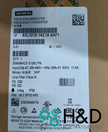 Sinamics G120C 6SL3210-1KE18-8AF1 – Variateur de fréquence (4,0 kW, 3AC 380–480 V, PROFINET, Arrêt de couple sécurisé, IP20)
