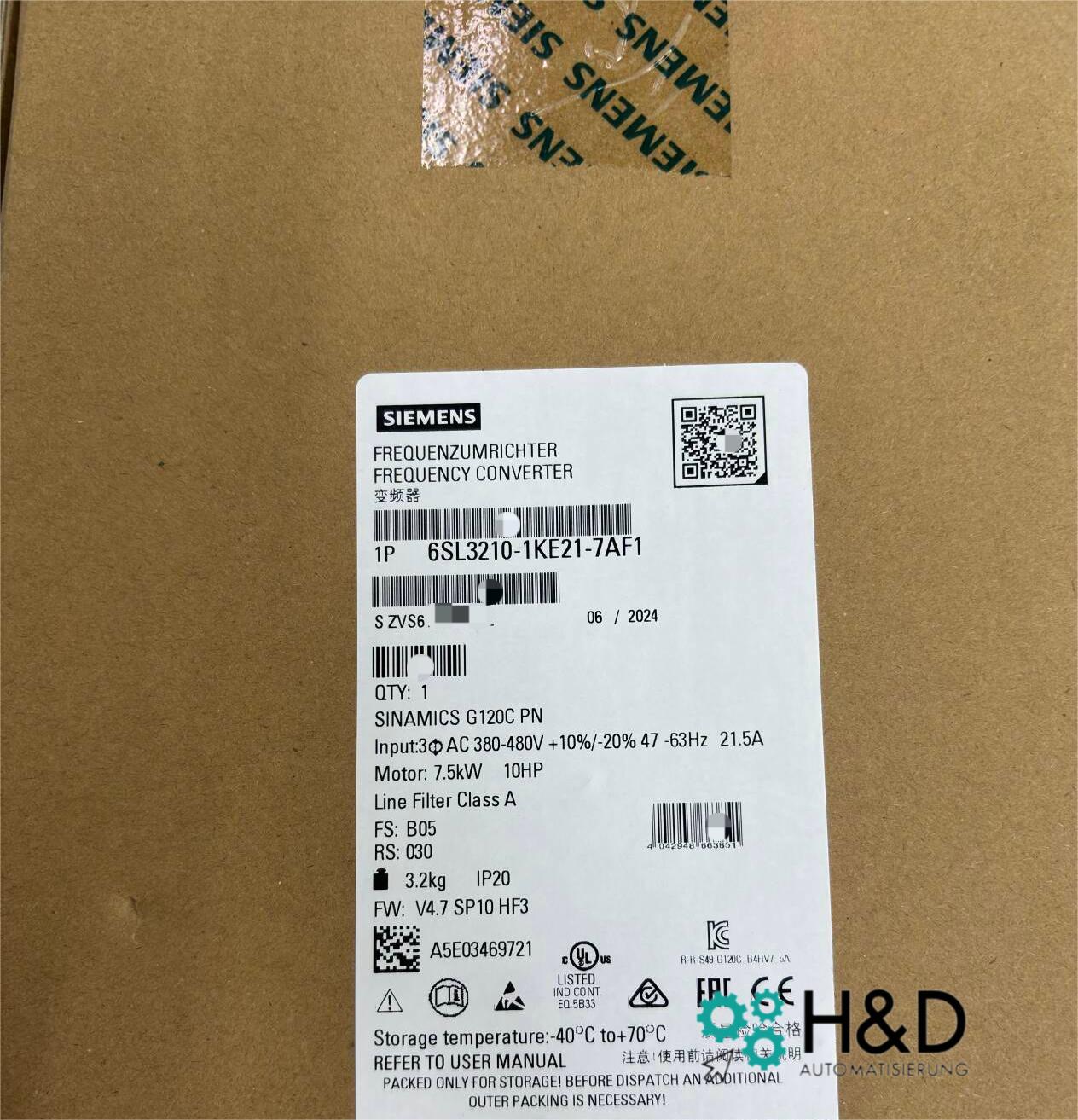 Sinamics G120C 6SL3210-1KE21-7AF1 – частотный преобразователь (7,5 кВт, 3AC 380–480 В, PROFINET, STO, IP20)