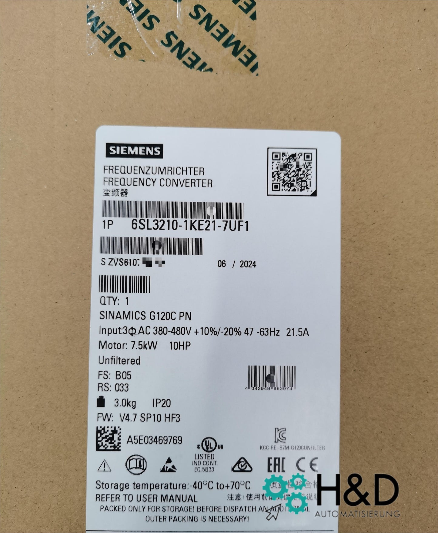 Sinamics G120C 6SL3210-1KE21-7UF1 – частотный преобразователь (7,5 кВт, 3AC 380–480 В, PROFINET, STO, IP20)