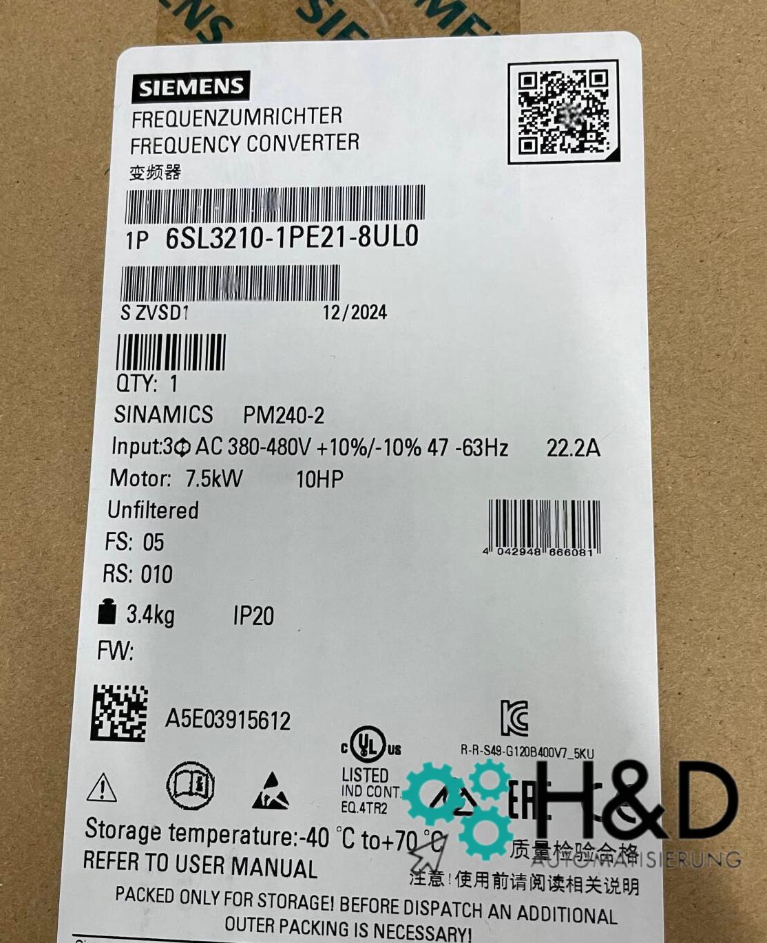 Siemens SINAMICS Power-Moduł PM240-2 bez filtra z wbudowanym hamulcowym chopperem (6SL3210-1PE21-8UL0)