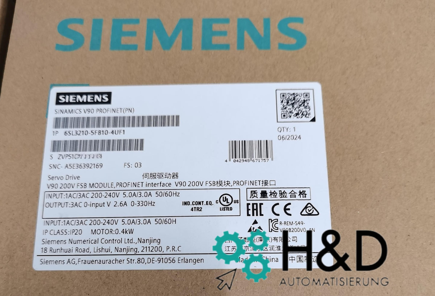6SL3210-5FB10-4UF1 Siemens SINAMICS V90 Новый и запечатанный
