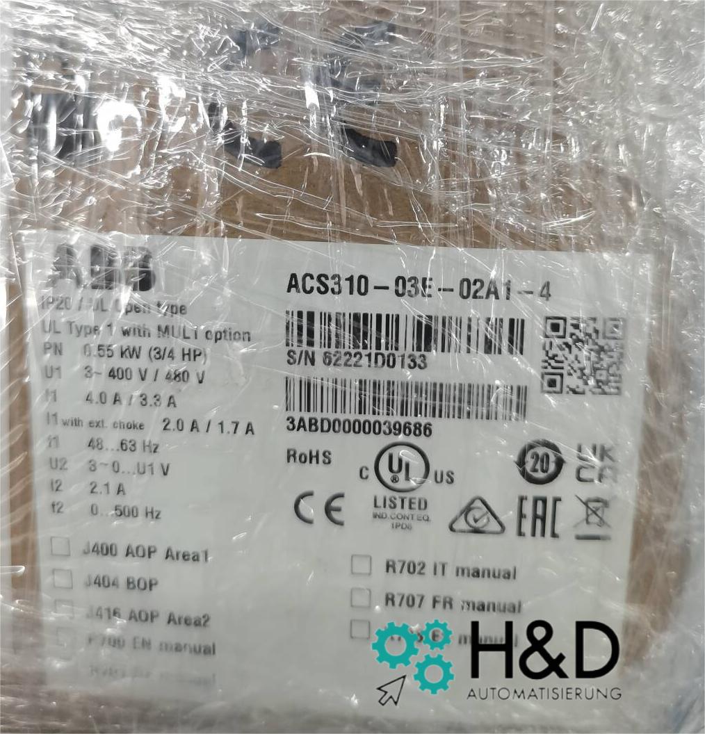 ABB ACS310-03E-02A1-4 – Частотный преобразователь – Pn 0,55 kW – I2n 2,1 A – IP20 – Новый и запечатанный