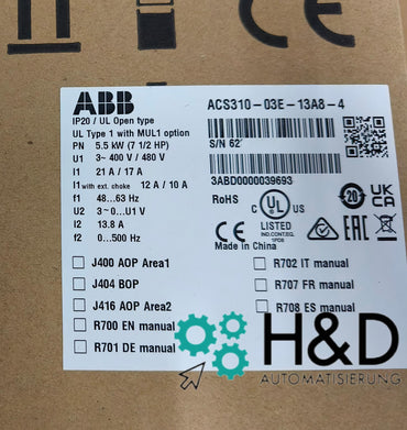 ABB ACS310-03E-13A8-4 – Onduleur – Pn 5,5 kW – I2n 13,8 A – IP20 – Neuf et scellé