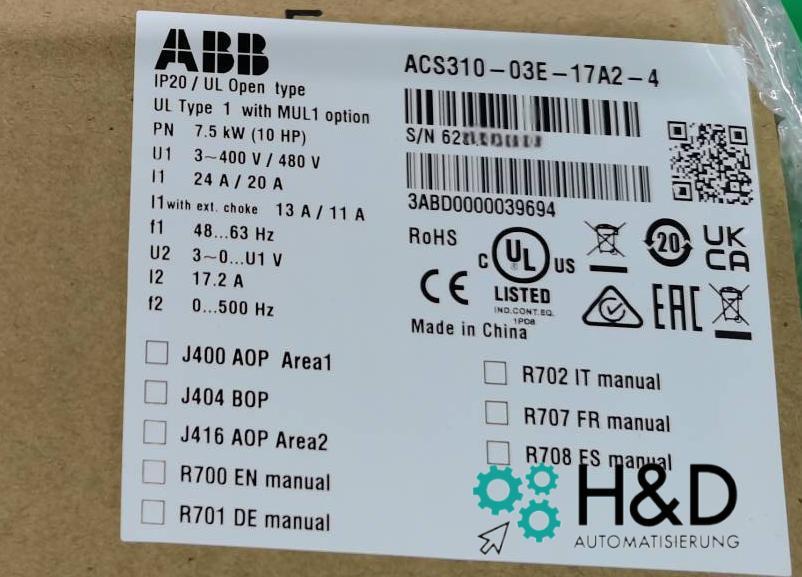 ABB ACS310-03E-17A2-4 – Инвертор – Pn 7,5 кВт – I2n 17,2 А – IP20 – Новый и запечатанный