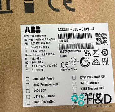 ABB ACS355-03E-01A9-4 – Onduleur – Pn 0,55 kW – I2n 1,9 A – IP20 – Neuf et scellé