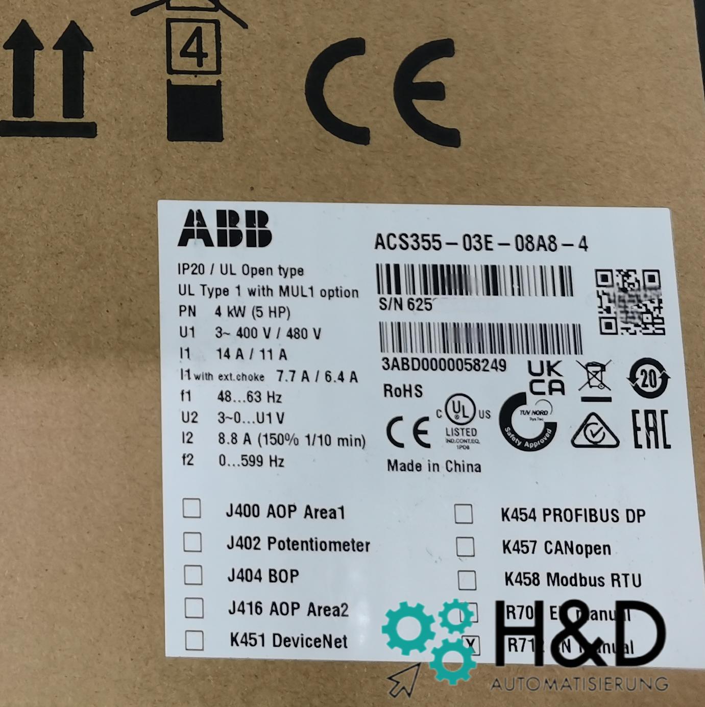 ABB ACS355-03E-08A8-4 – Инвертор – Pn 4,0 кВт – I2n 8,8 А – IP20 – Новый и запечатанный