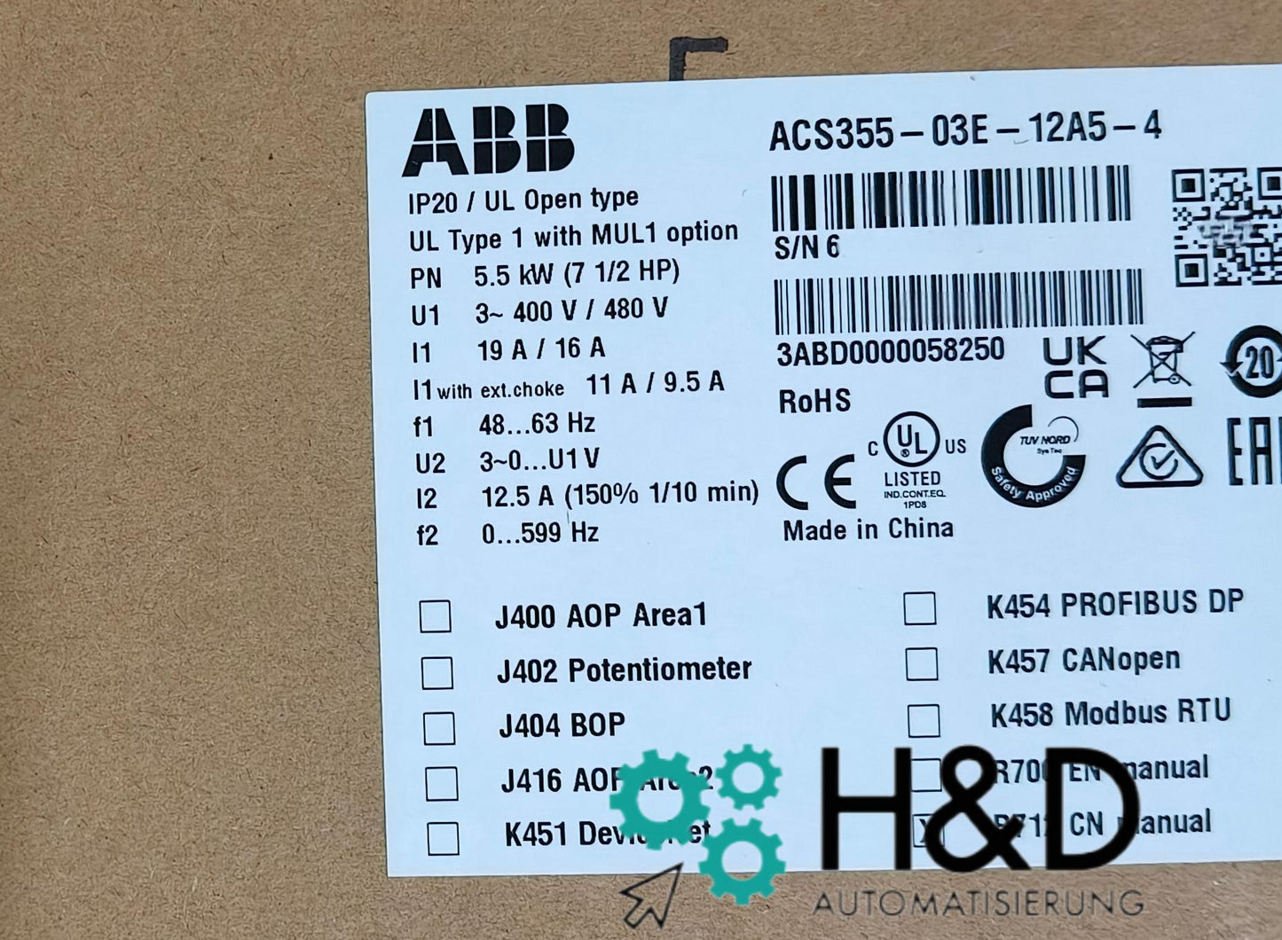 ABB ACS355-03E-12A5-4 – Inverter – Potenza nominale 5,5 kW – Corrente nominale 12,5 A – IP20 – Nuovo e sigillato