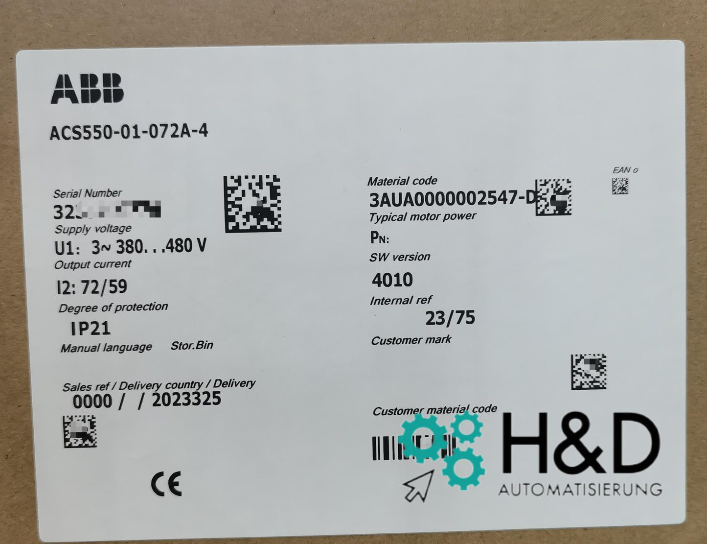 ABB ACS550-01-072A-4 – Инвертор – 37 кВт – 72 А – 380 В – IP21 – Новый и запечатанный