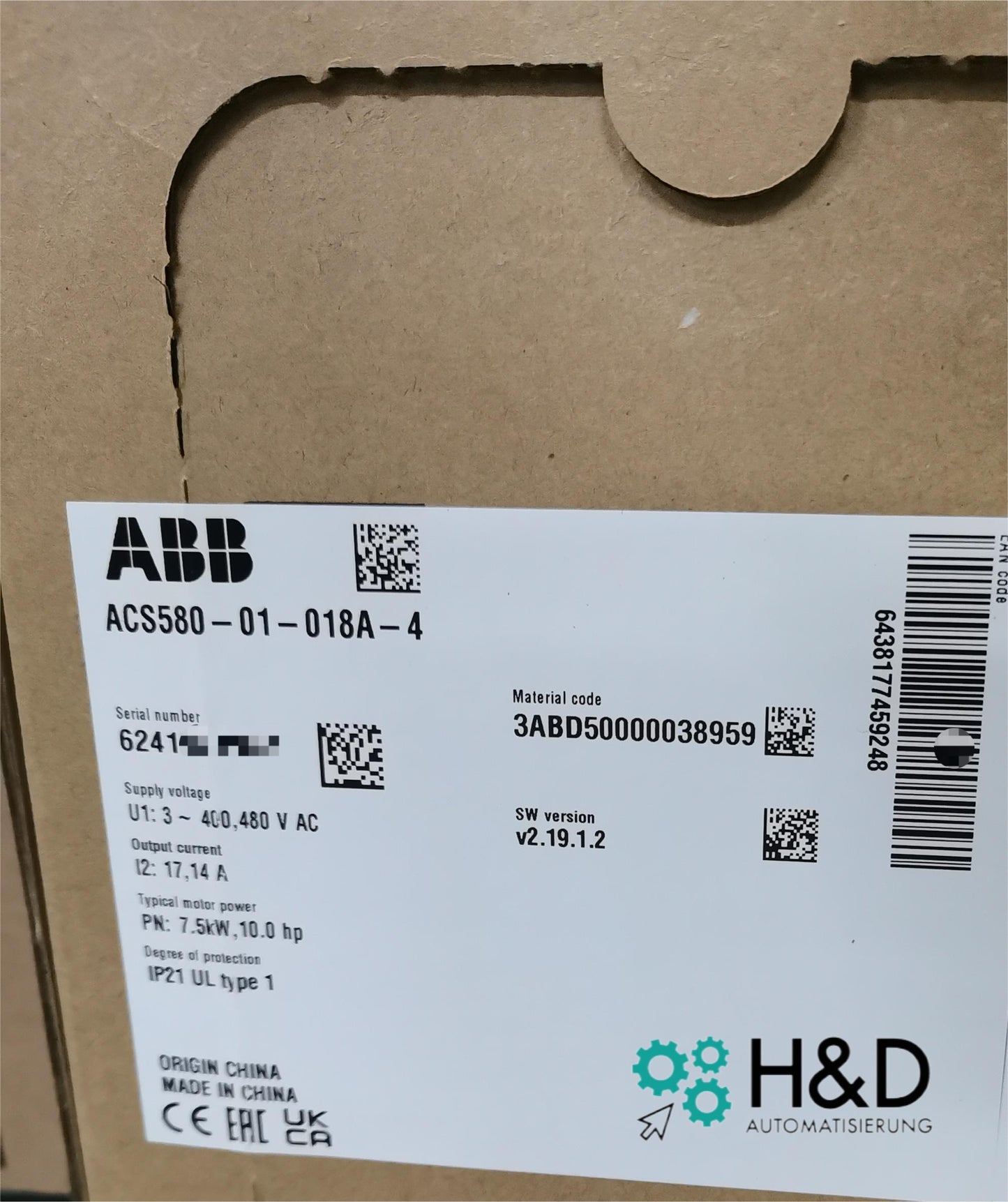ABB ACS580-01-018A-4 – Инвертор – 7,5 кВт – 17 А – 380 В – IP20 – Новый и запечатанный