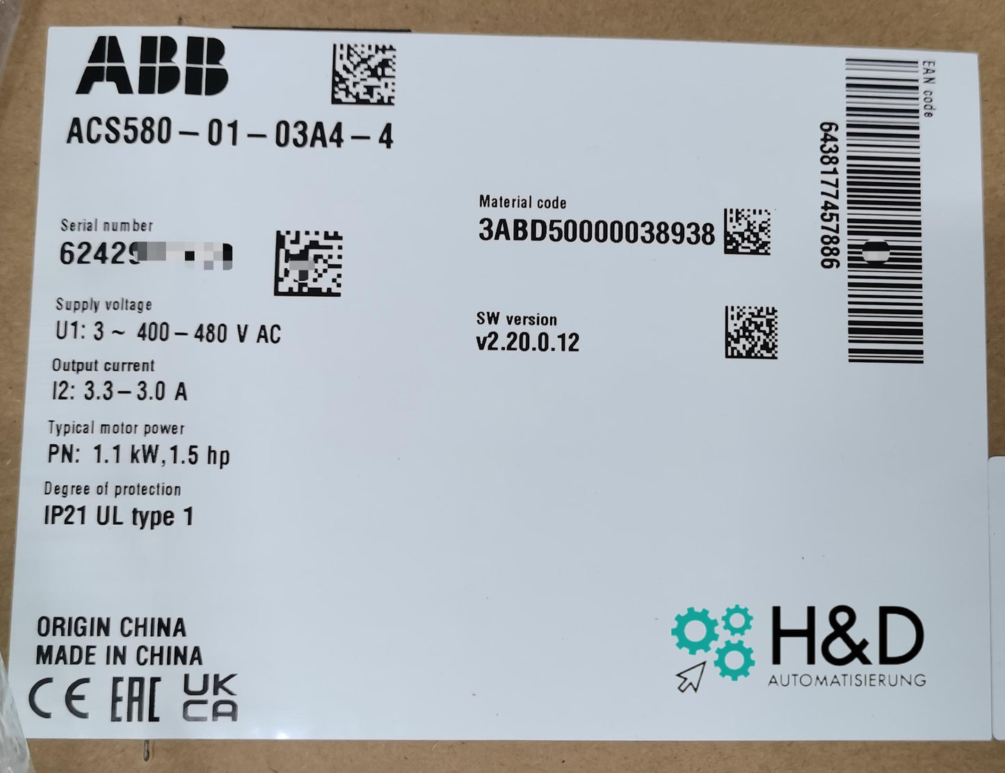ABB ACS580-01-03A4-4 – Инвертор – 1,1 кВт – 3,3 А – 380 В – IP20 – Новый и запечатанный