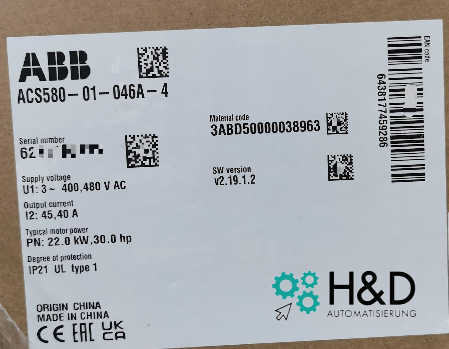 ABB ACS580-01-046A-4 – Инвертор – 22 кВт – 45 А – 400 В / 480 В – IP20 – Новый и запечатанный