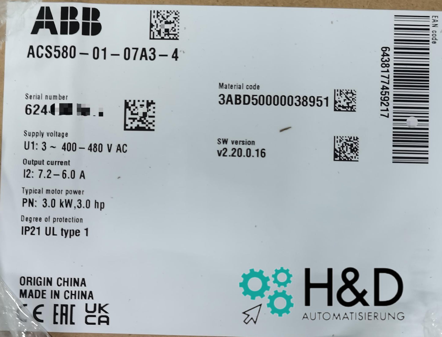 ABB ACS580-01-07A3-4 – Инвертор – 3,0 кВт – 7,2 А – 380 В – IP20 – Новый и запечатанный