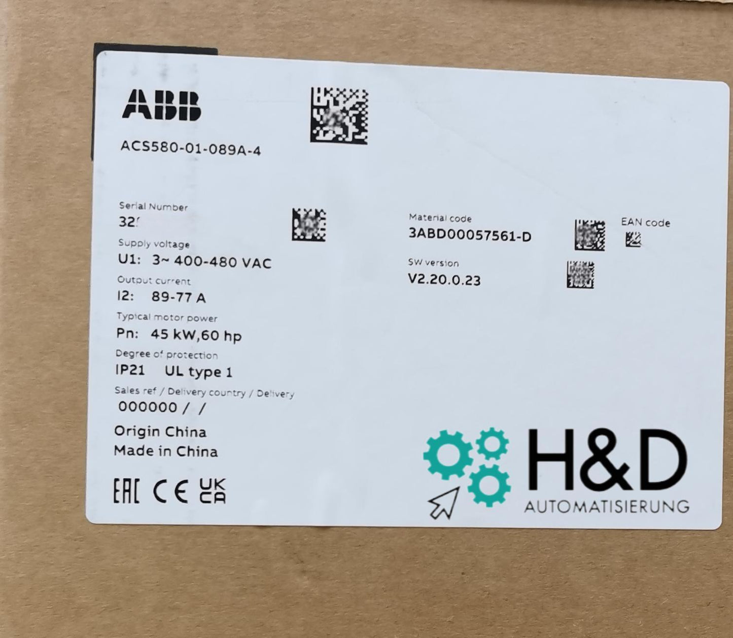 ABB ACS580-01-089A-4 – Инвертор – PN: 45 kW, IN: 89 A, IP21 – Новый и запечатанный