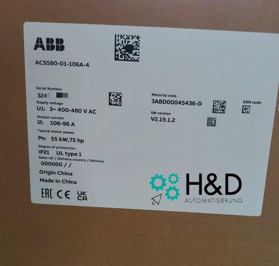 ABB ACS580-01-106A-4 – Инвертор – PN: 55 кВт, IN: 106 А, IP21 – Новый и запечатанный