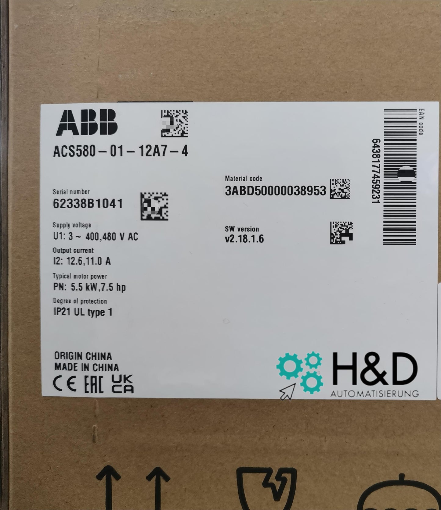 ABB ACS580-01-12A7-4 – Инвертор – PN: 5,5 kW, IN: 12,6 A, IP21 – Новый и запечатанный