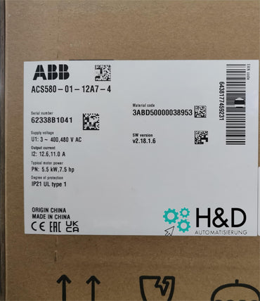 ABB ACS580-01-12A7-4 – Onduleur – PN : 5,5 kW, IN : 12,6 A, IP21 – Neuf et scellé