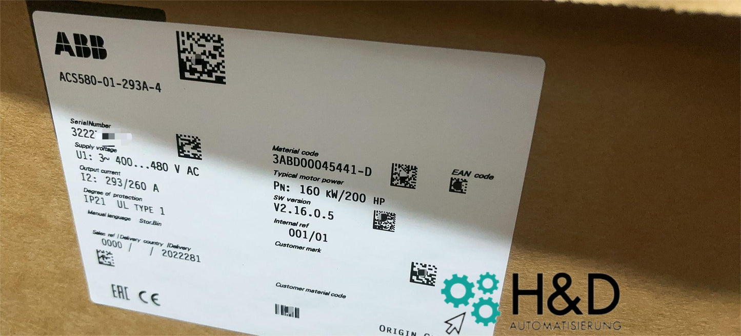 ABB ACS580-01-293A-4 – Инвертор – PN: 160 кВт, IN: 293A, IP21 – Новый и запечатанный