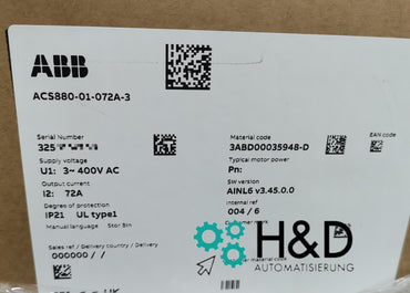 ABB ACS880-01-072A-3 – Inverter – PN: 37 kW, IN: 72 A, 400 V, IP20 – Neu und versiegelt