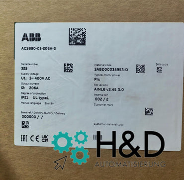 ABB ACS880-01-206A-3 – Onduleur – PN : 110 kW, IN : 206 A, 400 V, IP20 – Neuf et scellé