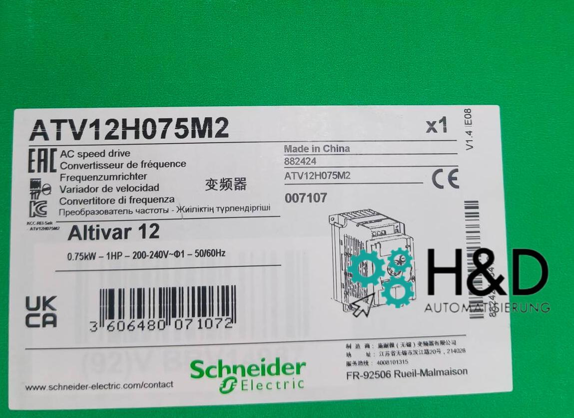 Частотный преобразователь Schneider Electric ATV12, 0,75 кВт, 1 л.с., 200-240 В, 1-фазный, с радиатором