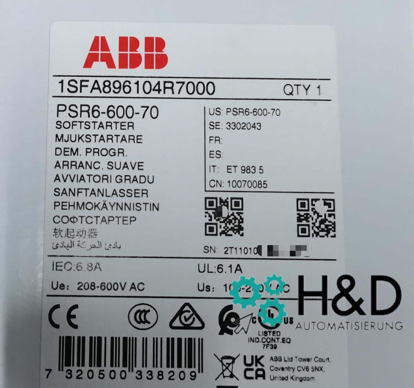 ABB 1SFA896104R7000 – PSR6-600-70 Пускатель плавного пуска – 6,8 A – 208 V до 600 V AC – Новый и запечатанный
